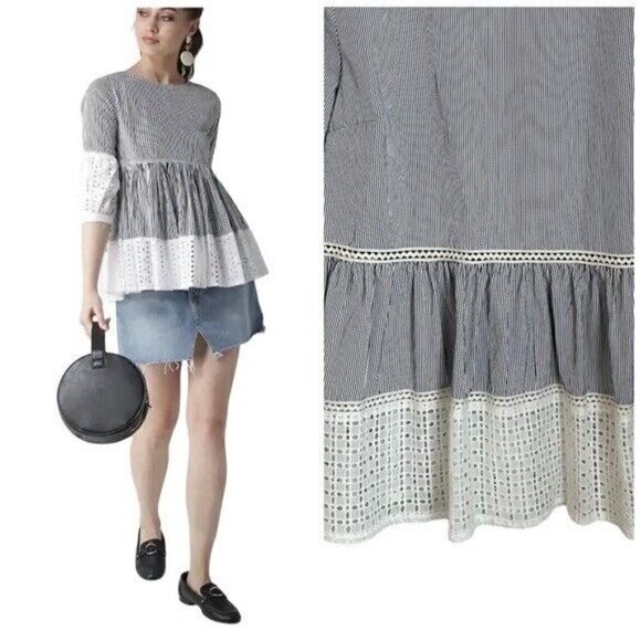 SugarLips Janis Eyelet Striped Round-Neck Top with CutoutsNavy and White Size XS - Picture 1 of 14